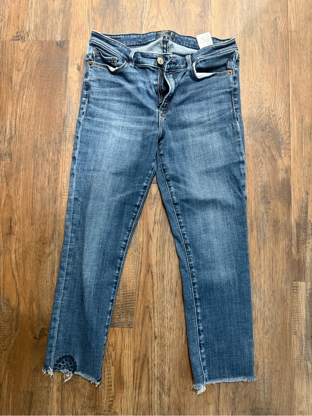 Abercrombie & Fitch Mid-Rise Cropped Blue Jeans with Raw Hem